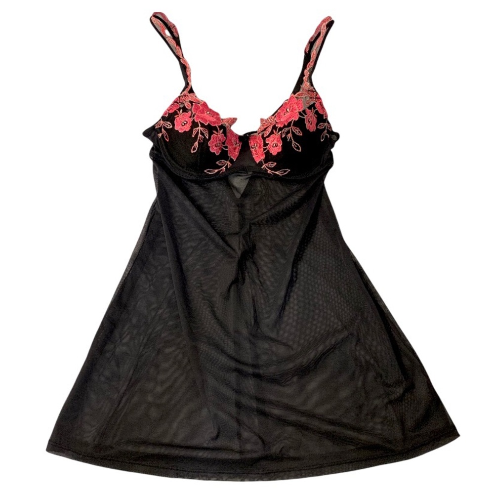 Vtg Victoria's Secret Floral Embroider Black Mesh Babydoll Slip Dress Lingerie